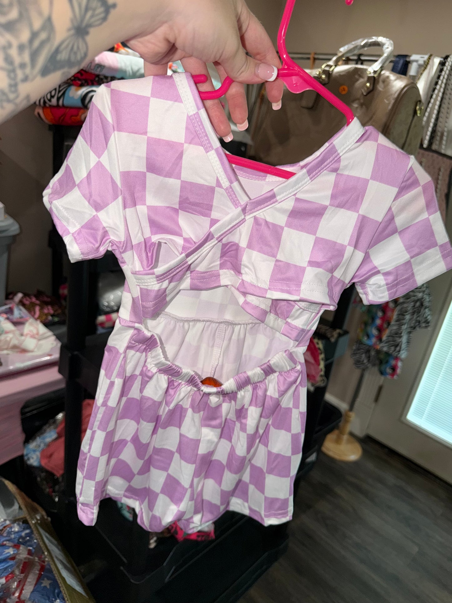 Purple checkered crossback romper 3t