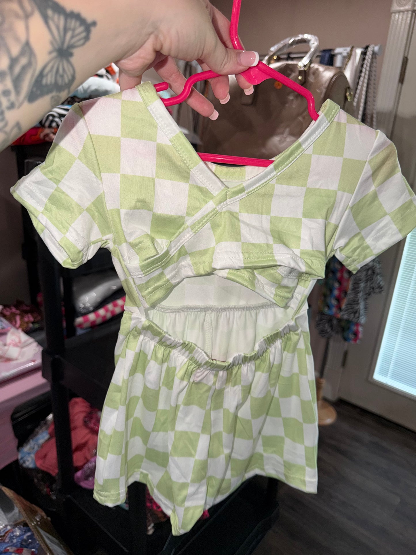 Green checkered crossback romper