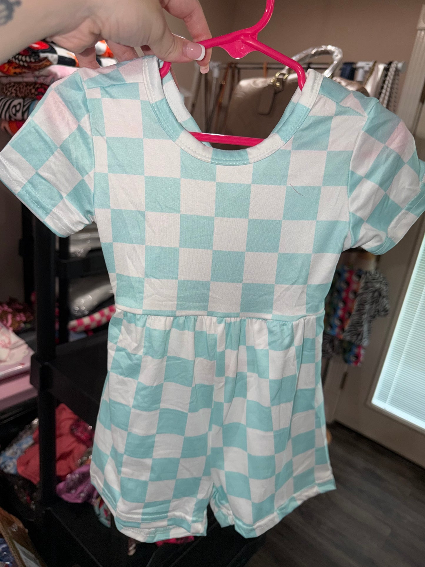 Blue checkered crossback romper