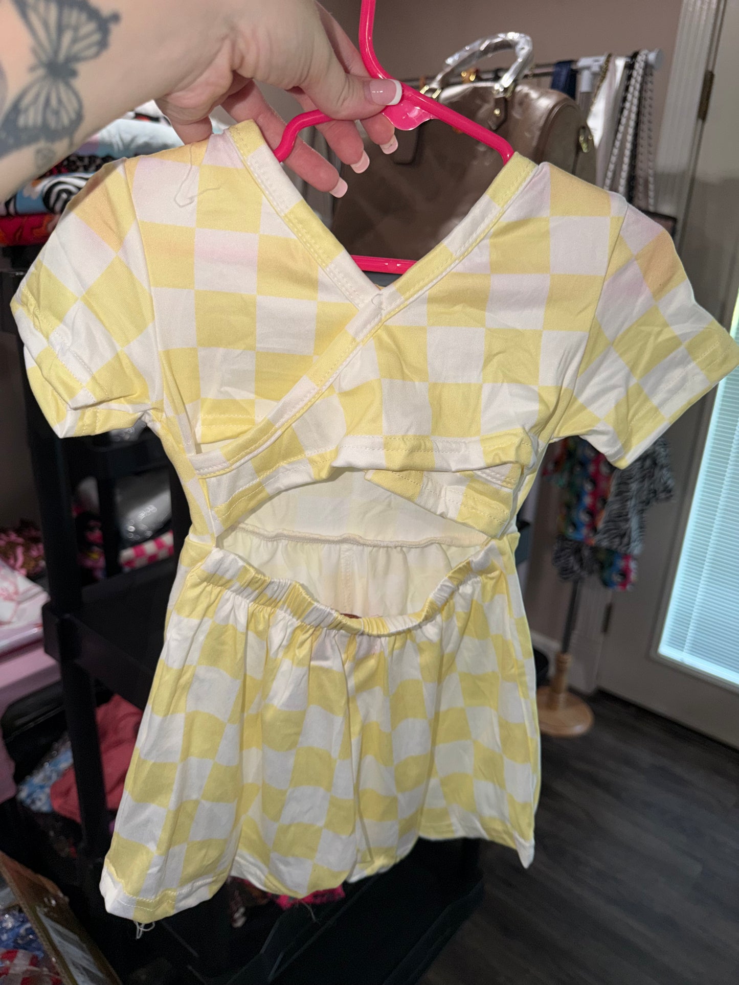 Yellow checkered crossback romper