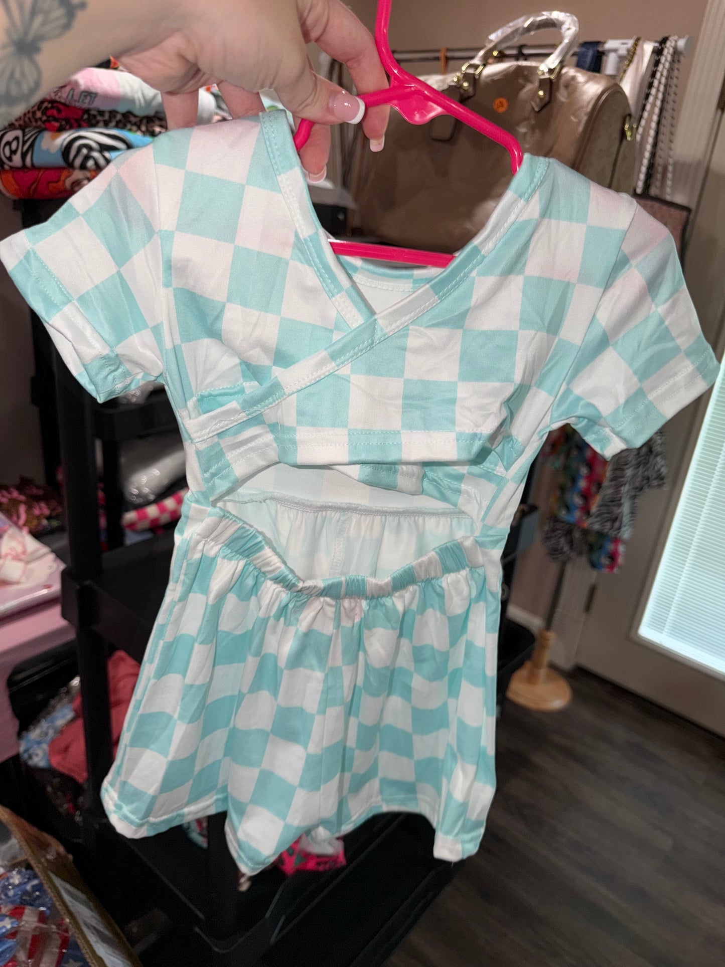 Blue checkered crossback romper