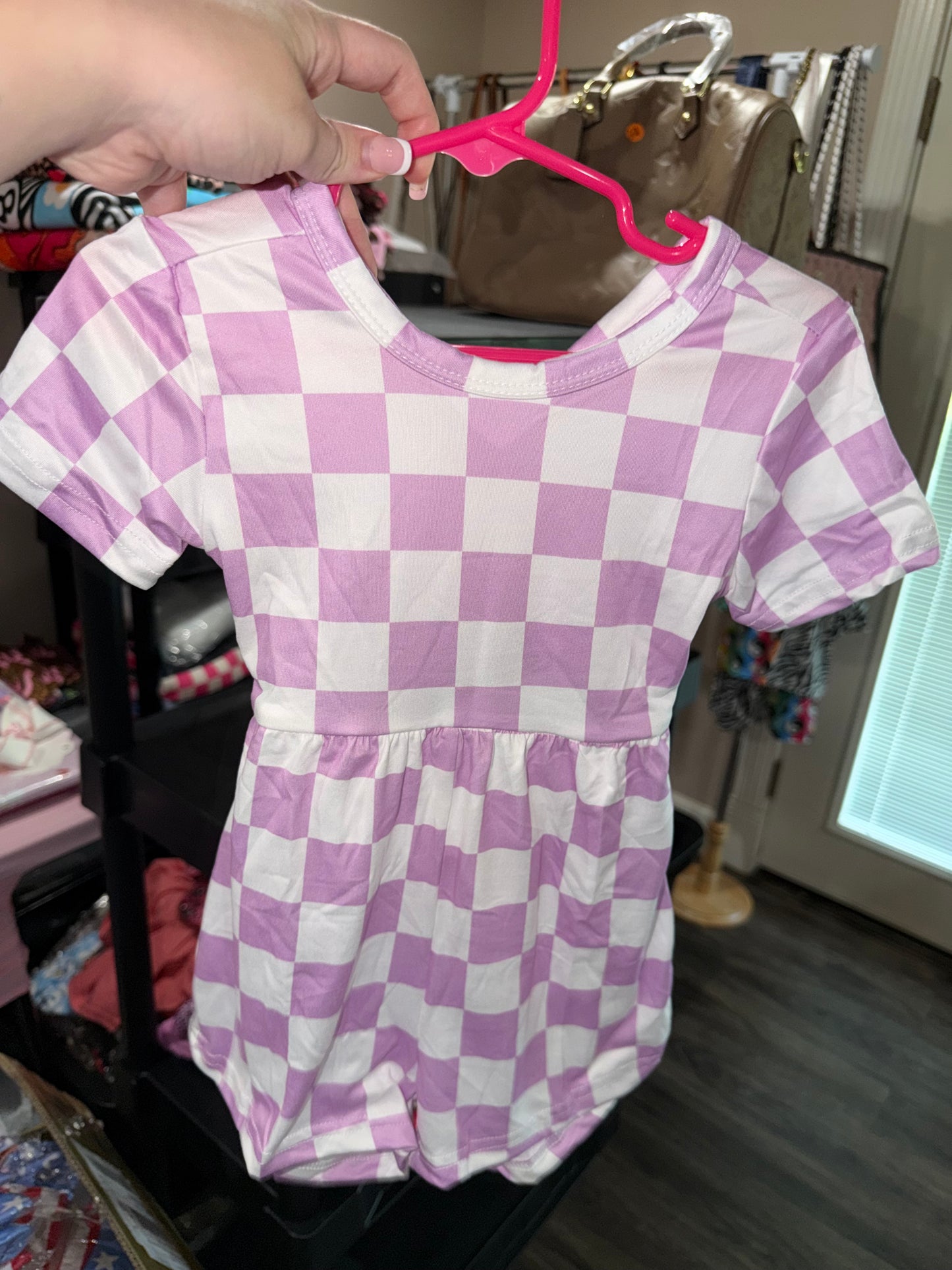 Purple checkered crossback romper 3t